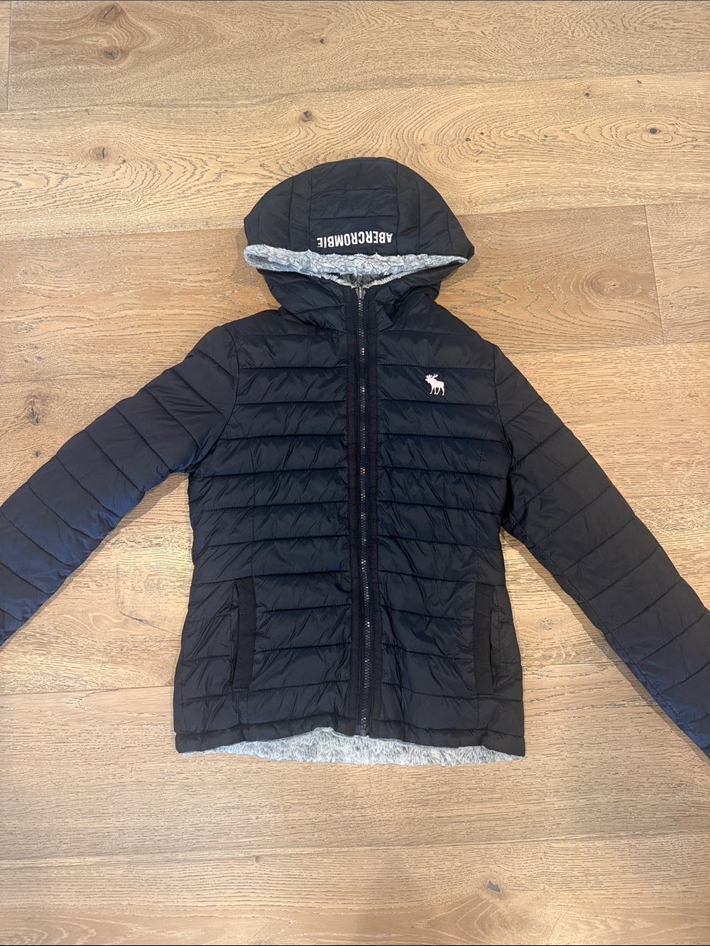 Abercrombie & Fitch girls Black Puffer Jacket with Gray Faux-Fur Lining